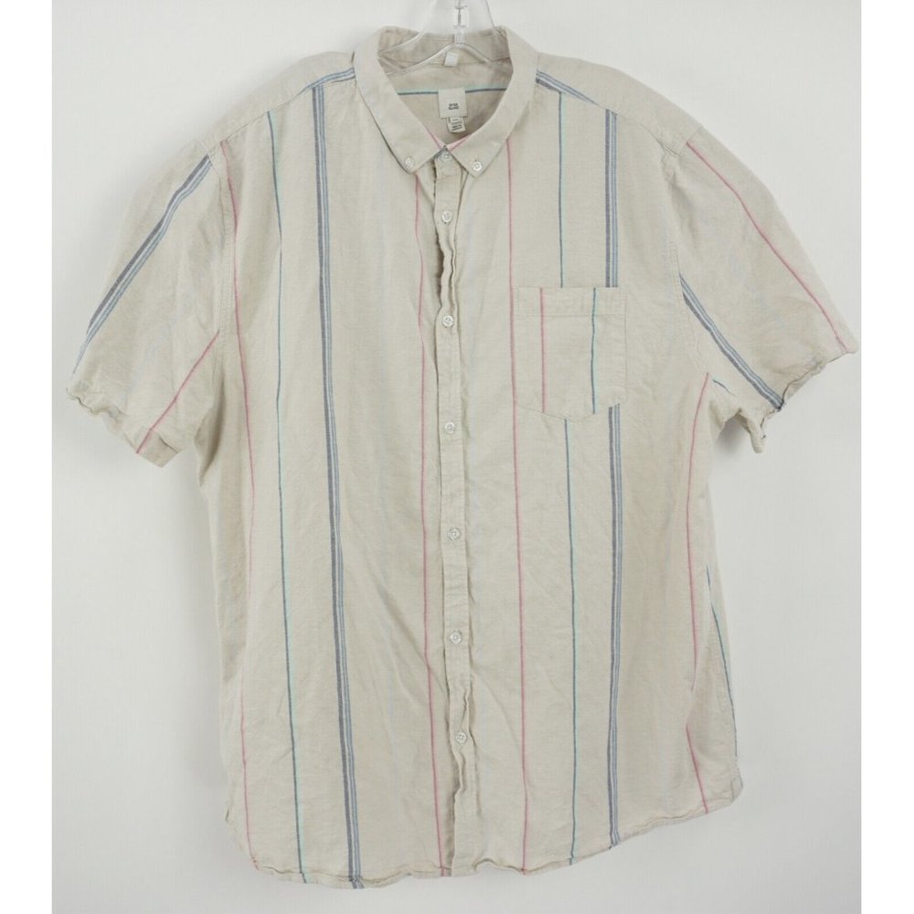 River Island Men's 2XL S/S Beige Blue Red Striped Woven Cotton Button Down Shirt